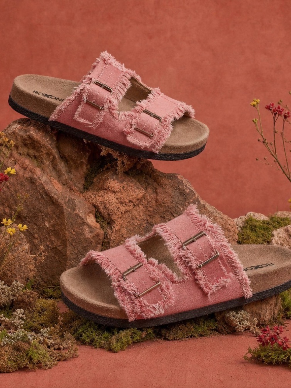 Roxoni Pink Frayed Double-Strap Slide Sandals